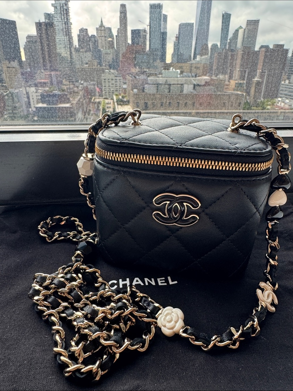 CHANEL Black Quilted Vanity Mini Crossbody with Gold & Silver Hardware